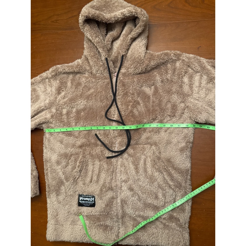 YoungLA‎ fuzzy teddy hoodie Small light pink tan full zip oversized EUC jacket - Picture 8 of 12